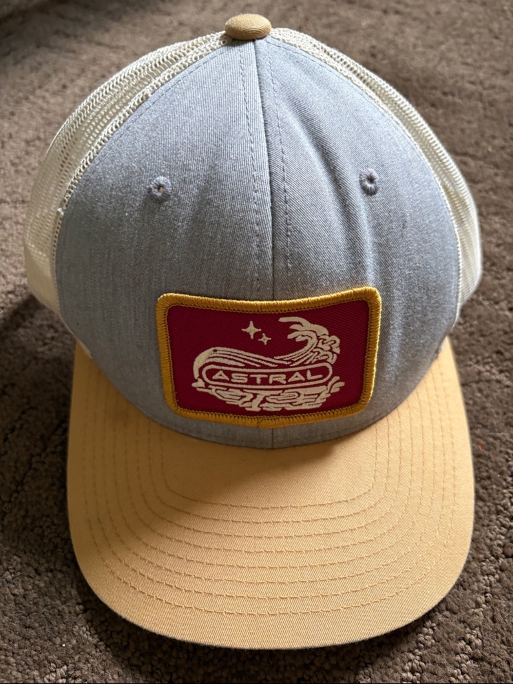 Astral Men's Trucker Hat in Light Gray blue denim and brown